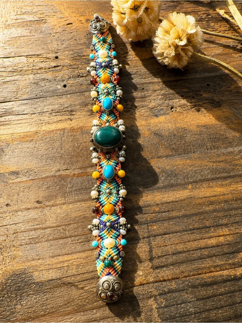 Macrame Handwoven Multicolor Beaded Bracelet with Turquoise Accents